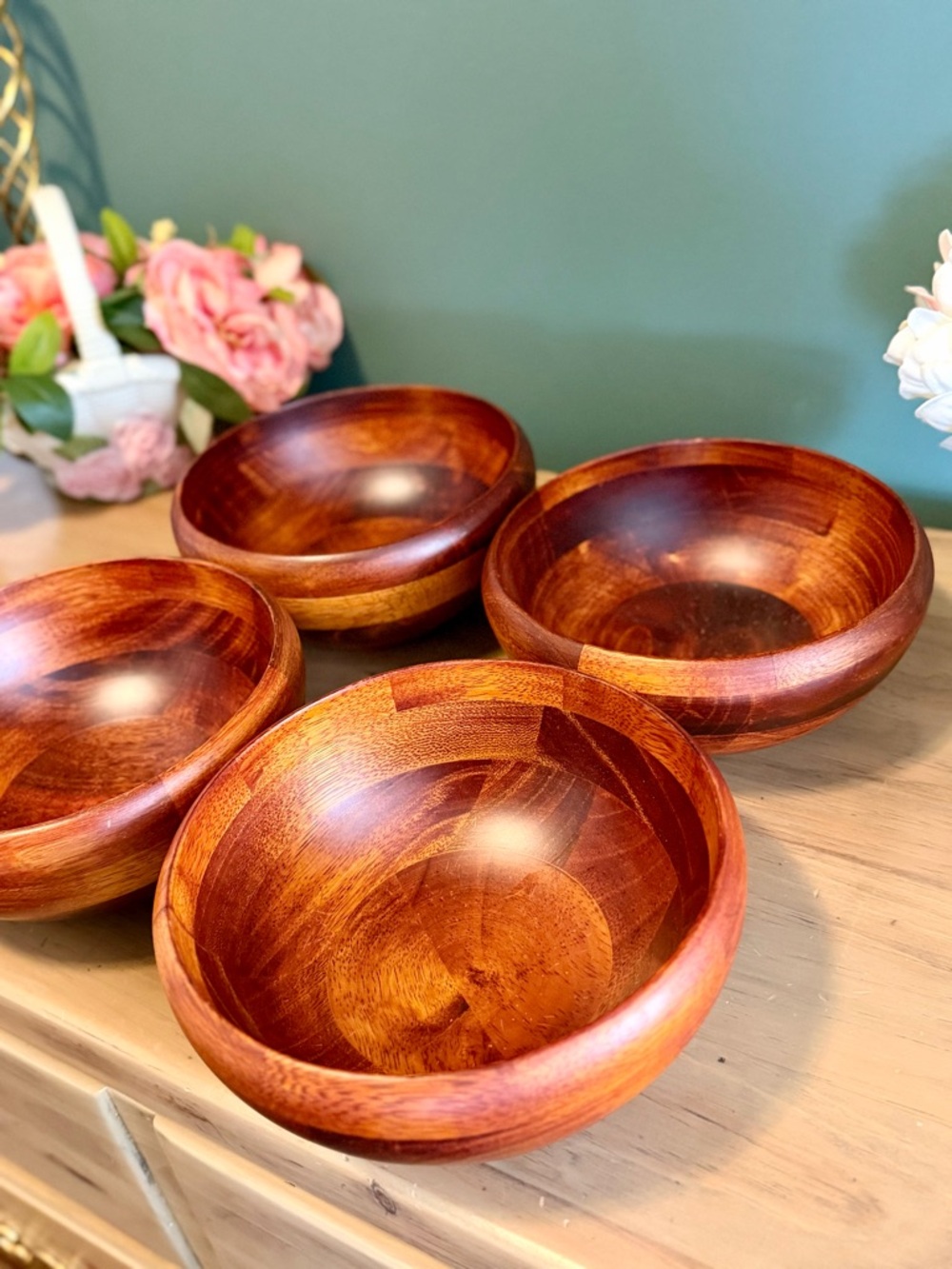 Wooden Serving Bowl - Rich Mahogany Finish (Set of 4)